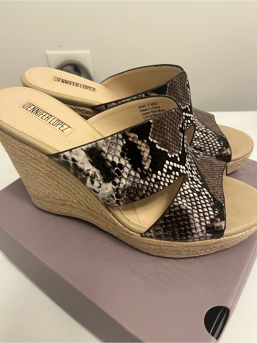 Jennifer Lopez Brown Snake-Print Espadrille Wedge Mules